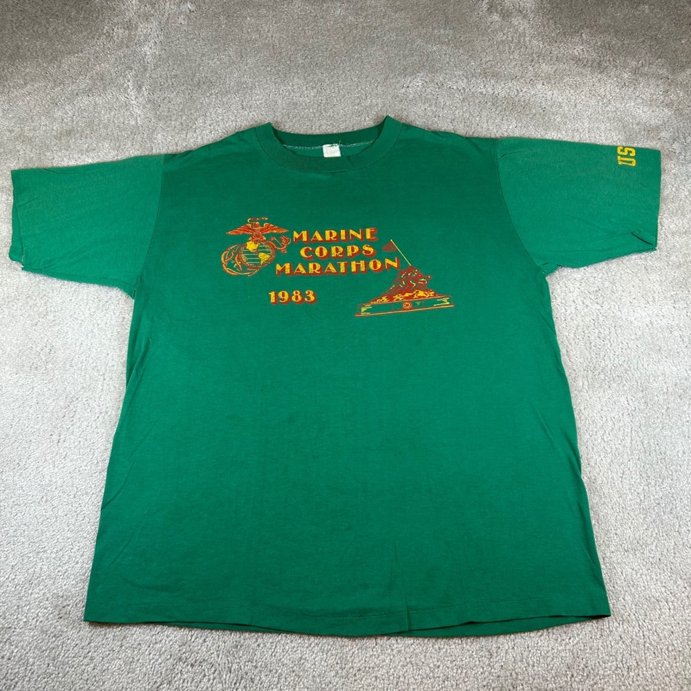 Vintage 1983 Unbranded Marine Corps Marathon T-Shirt Mens XL Green Graphic USMC